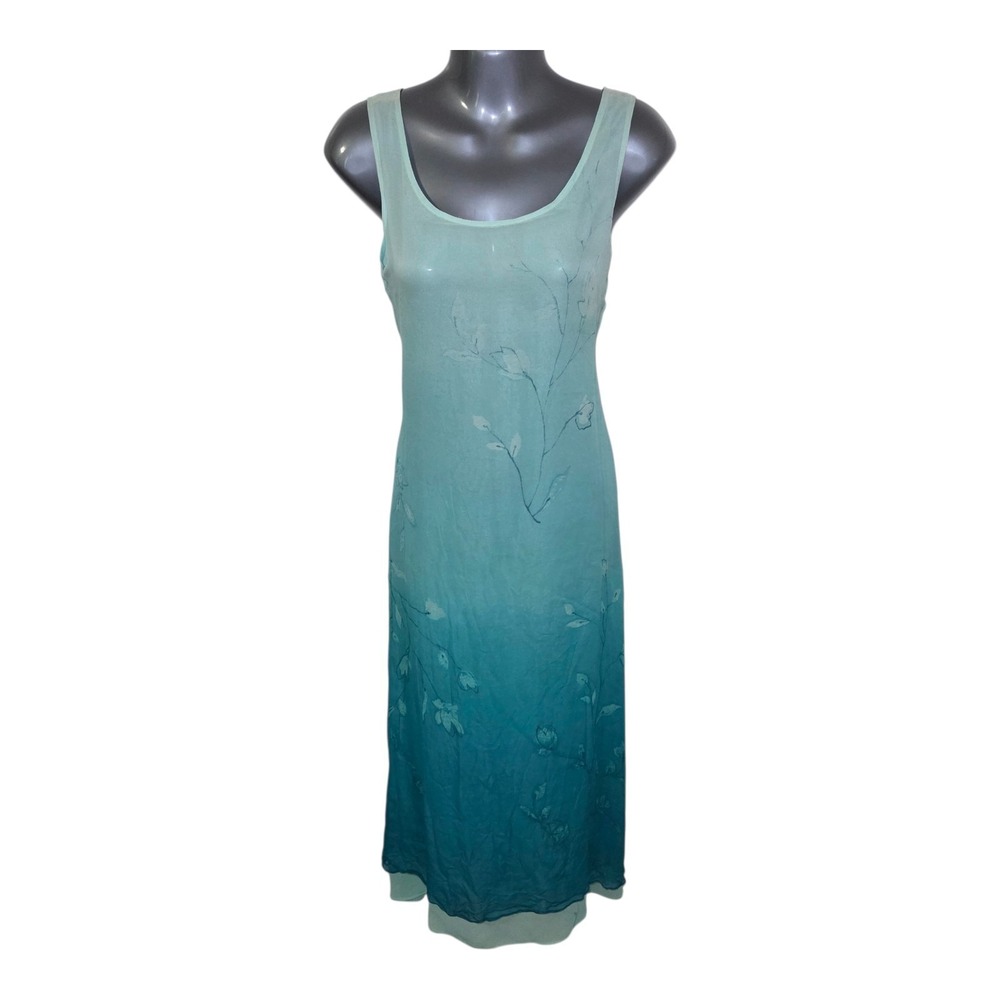 Silk Ombre Sleeveless Maxi Dress 4 Aqua Blue Floral Sheer Fairy Cottage Ethereal